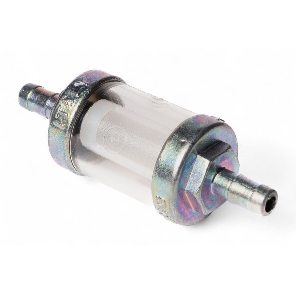 Filtro benzina riutilizzabile - Corpo in plastica, fondelli in metallo - Attacco cromato Ø 6mm AV2200